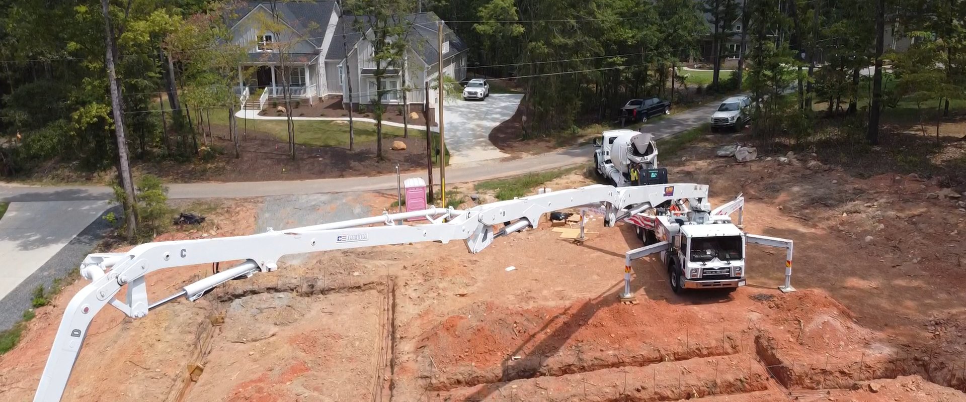 Concrete pump truck at a footings pour in Charlotte NC